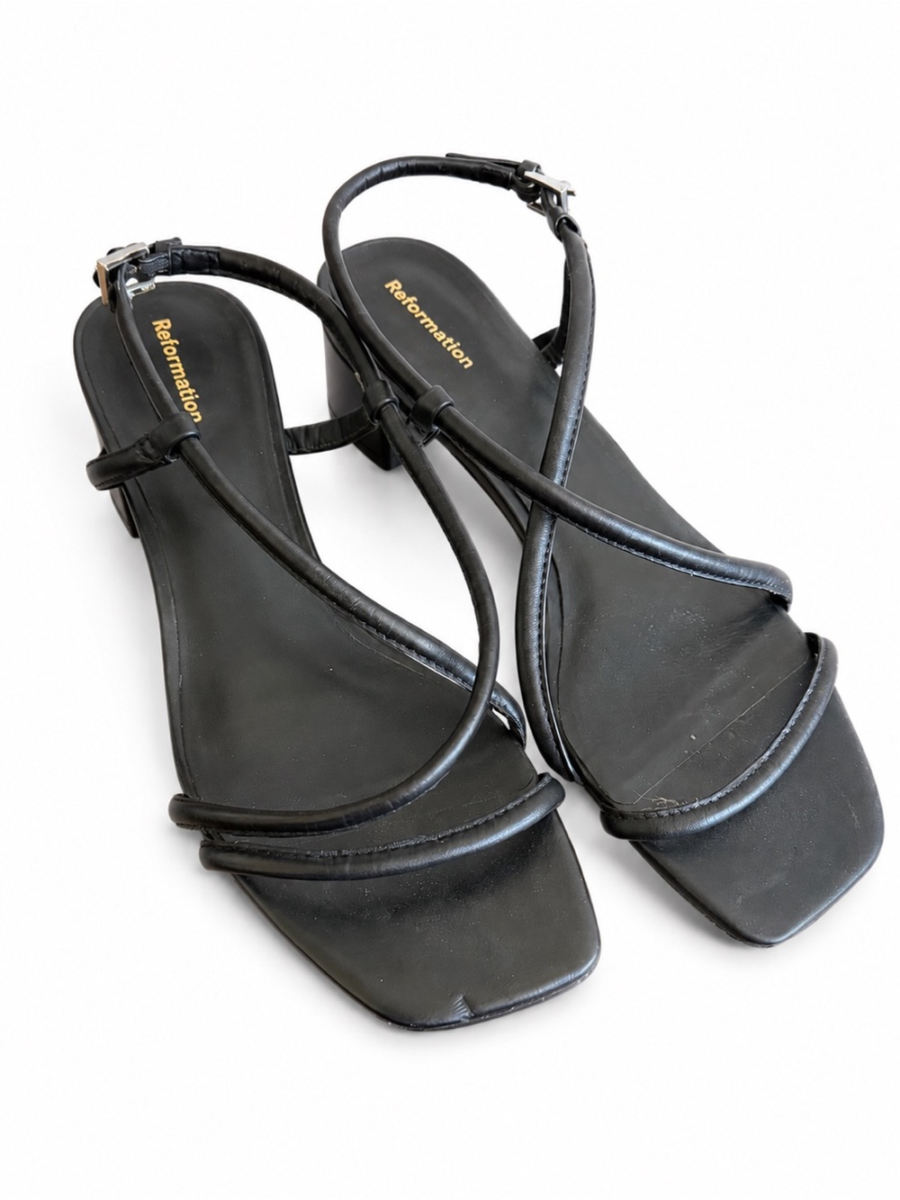 Reformation Black Leather Strappy Slingback Block Heel Sandals Size 8